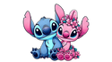 Cartoon characters Stitch and Angel holding hands on a white background