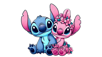 Cartoon characters Stitch and Angel holding hands on a white background